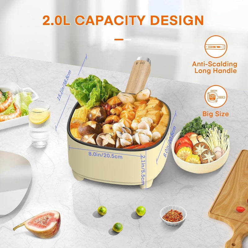 Audecook Hot Pot Electric 2L, Cermic Glaze Non-Stick Frying Pan 8 Inch, Portable Travel Cooker for Ramen/Steak/Fried Rice/Oatmeal/Soup, with Dual Power Control (Silicone Spatula Included) - Image 4